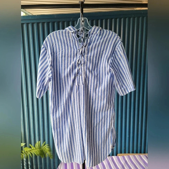 Zara Trafaluc Collection  Blue and White Pin Stripe Linen Long Shirt XS - Picture 5 of 8